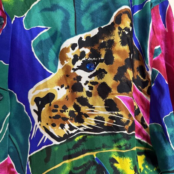 Vtg Adam Douglass Shirt ladies S Multicolor Silk Jaguar Animal Print 90s retro - Picture 4 of 6